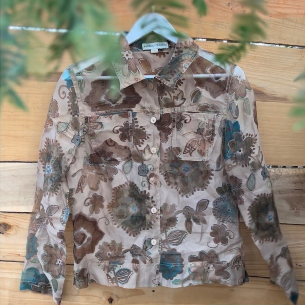BAMBOO TRADERS | Flax Rayon Polyester Floral Sheer Lightweight Button-Up M - Picture 1 of 6